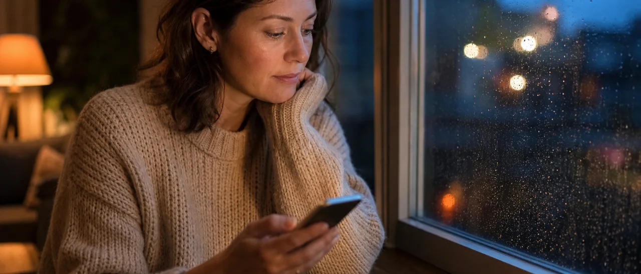 Kobieta wieczorem przy oknie czyta wiadomość w telefonie