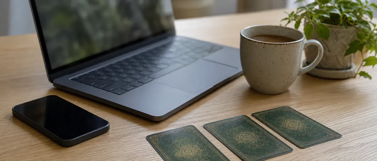 Laptop z otwartym czatem i rozłożone karty tarota na jasnym biurku