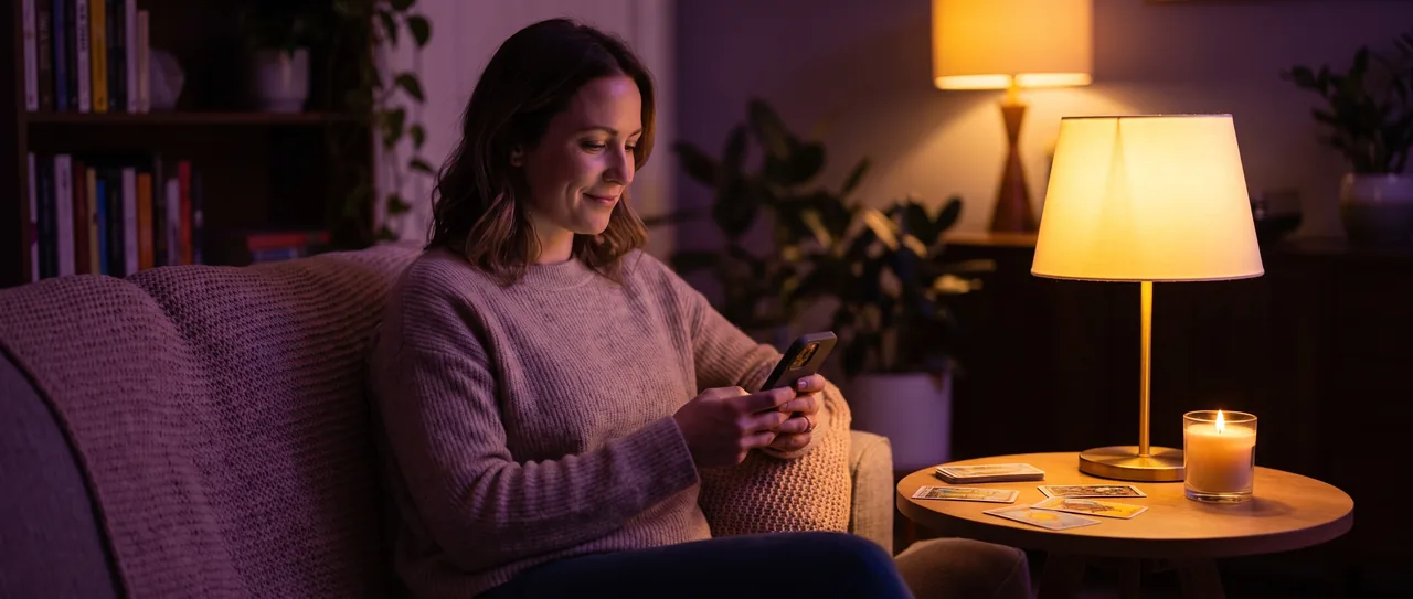 Kobieta czyta na telefonie wróżbę SMS przy stoliku z kartami tarota